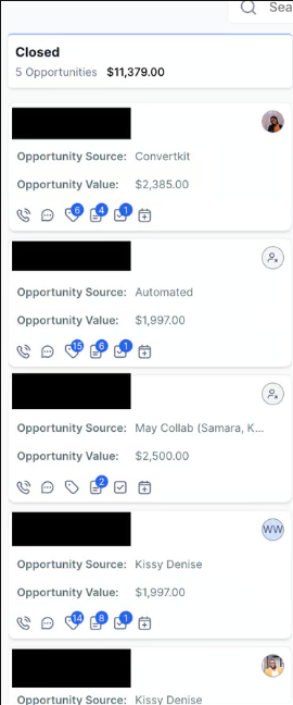 CRM pipeline showing $11,379 in closed opportunities across 5 deals