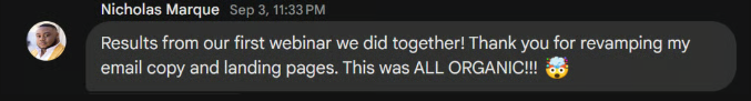 Slack message from Nicholas Marque celebrating ALL ORGANIC webinar results